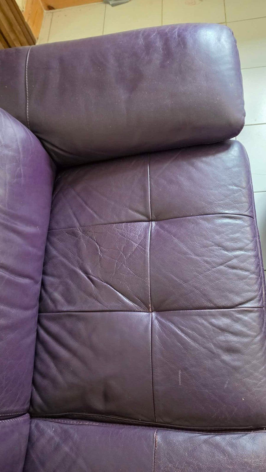 Large Purple Leather Corner Sofa + Footstool (PTP)