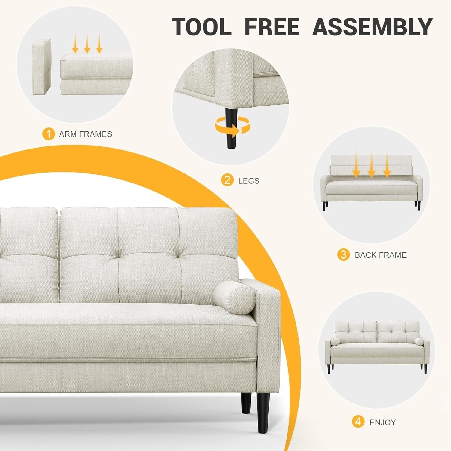 Modern Linen 2 Seater Sofa Small Space Couch with Storage & Cushions Beige