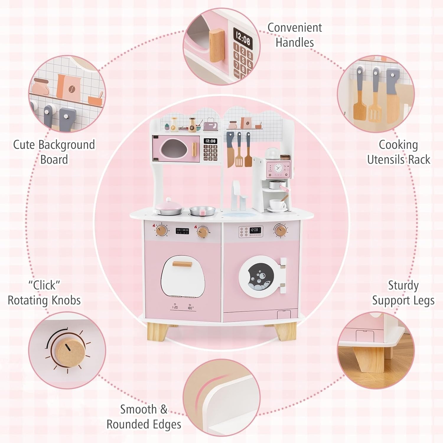 Kids Wooden Play Kitchen w/ Coffee Maker Microwave Pink Toy