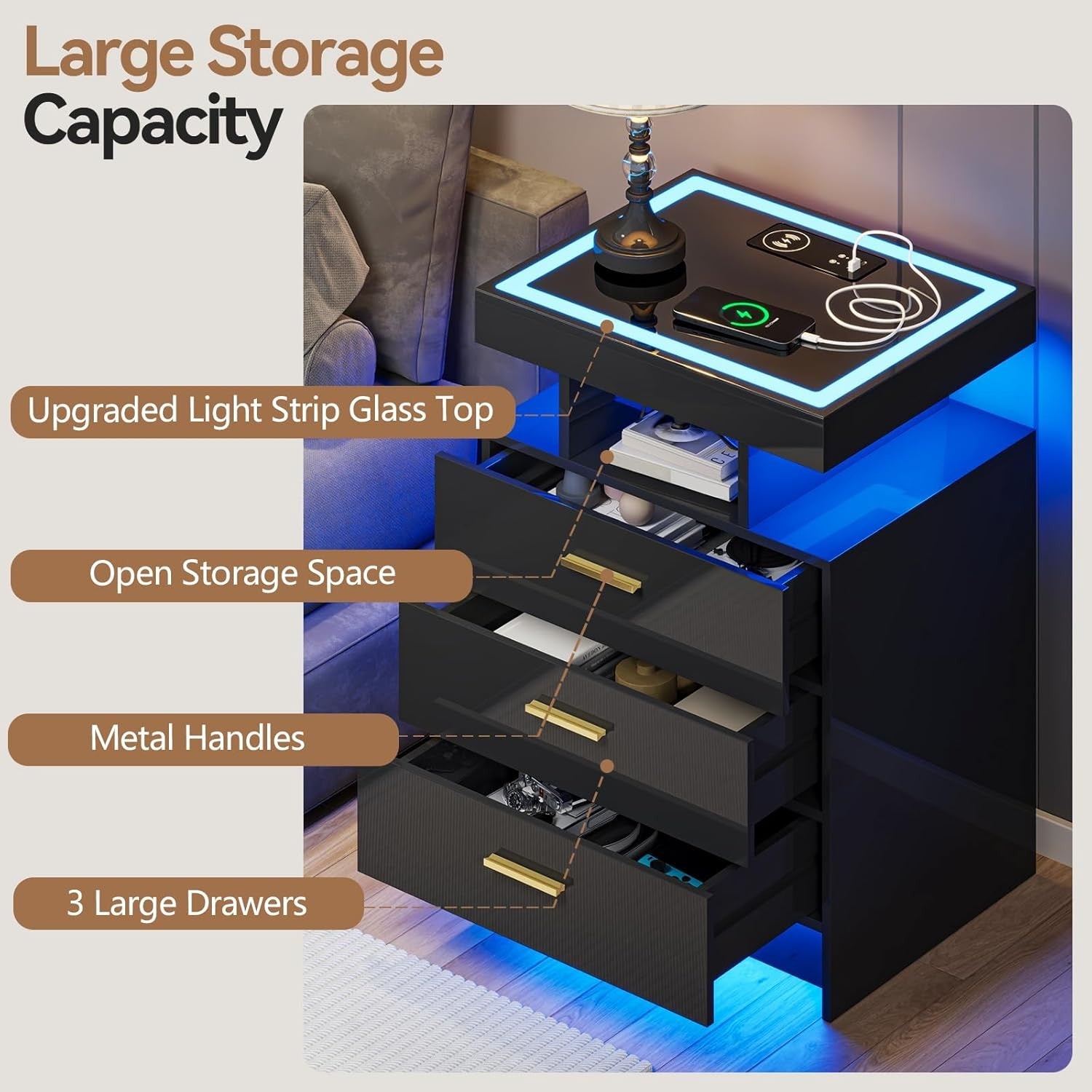 Black LED Bedside Table with Wireless Charging, Glass Top & 3 Drawer Storage