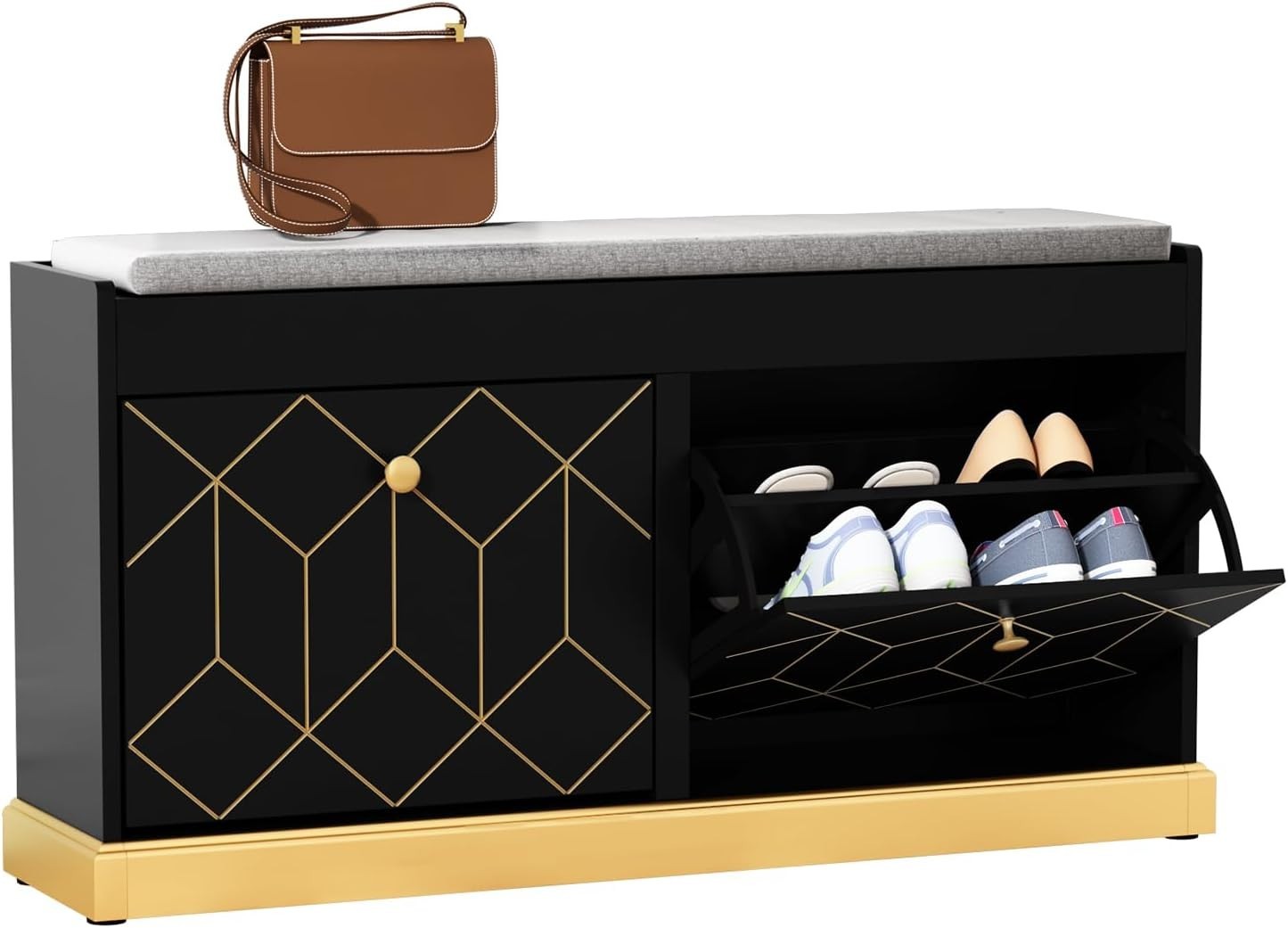 Black Shoe Bench with Cushion & Flip Drawer Hallway Storage 99.6x27.2x49.5cm