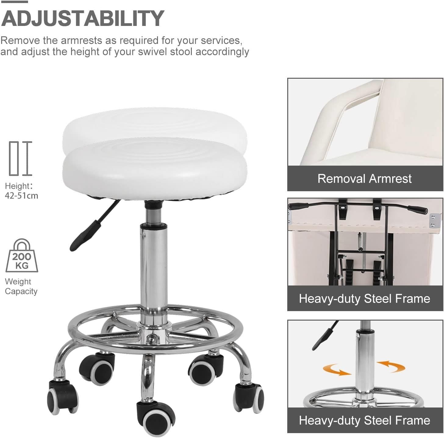Adjustable 3-Section Massage Table with Stool Salon Lash Tattoo Bed White 184cm