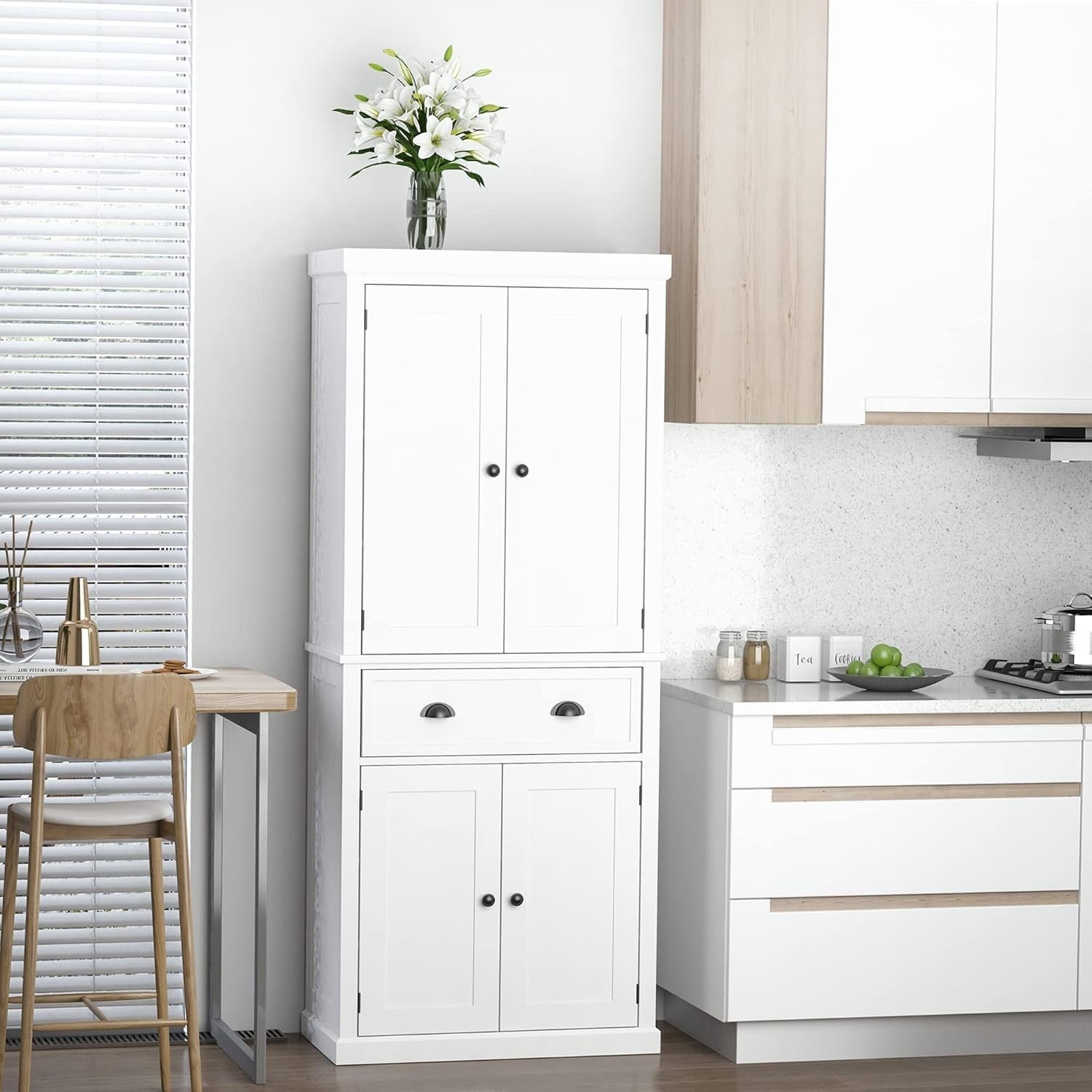 White Tall Kitchen Cupboard 184cm Pantry Storage Cabinet Shelves Drawer