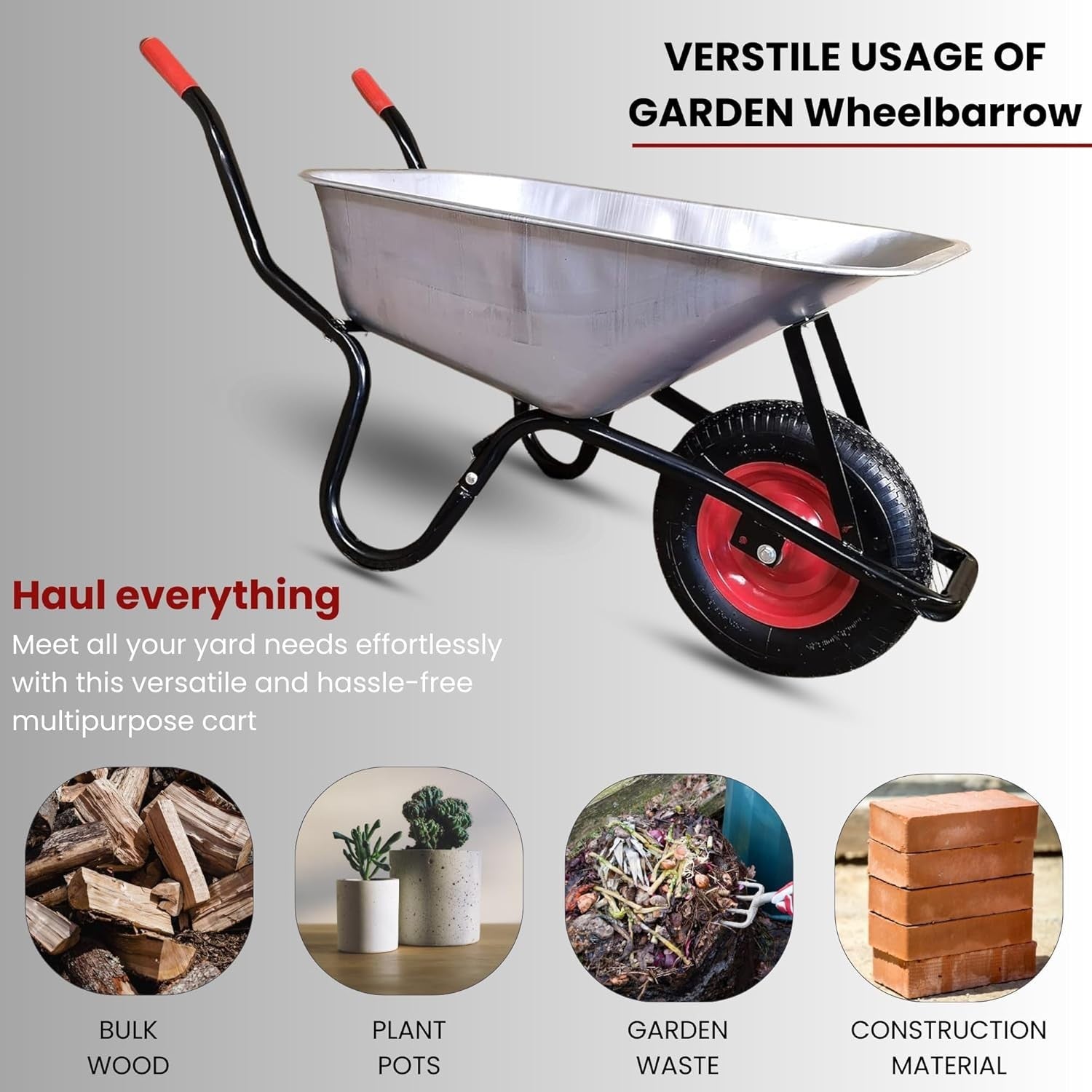 90L Heavy Duty Wheelbarrow Silver – Galvanise Metal Tray w/ Pneumatic Tyre 150kg