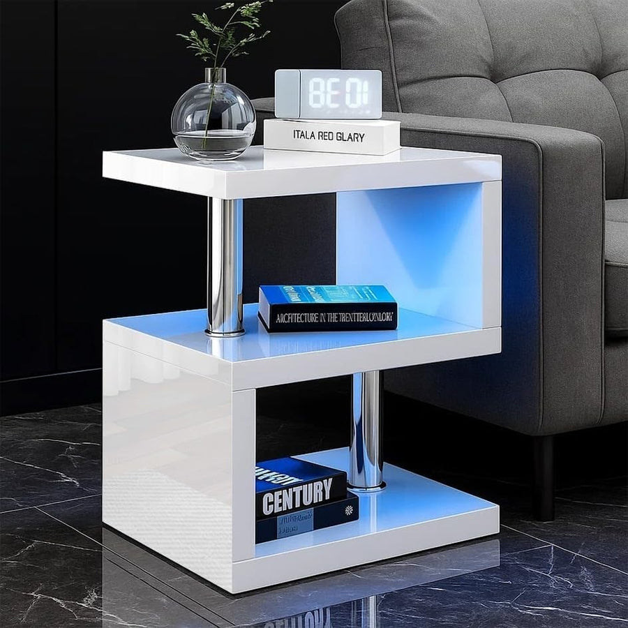Modern S-Shaped LED Side Table with RGB Lighting & Storage Shelves 44x38x57cm