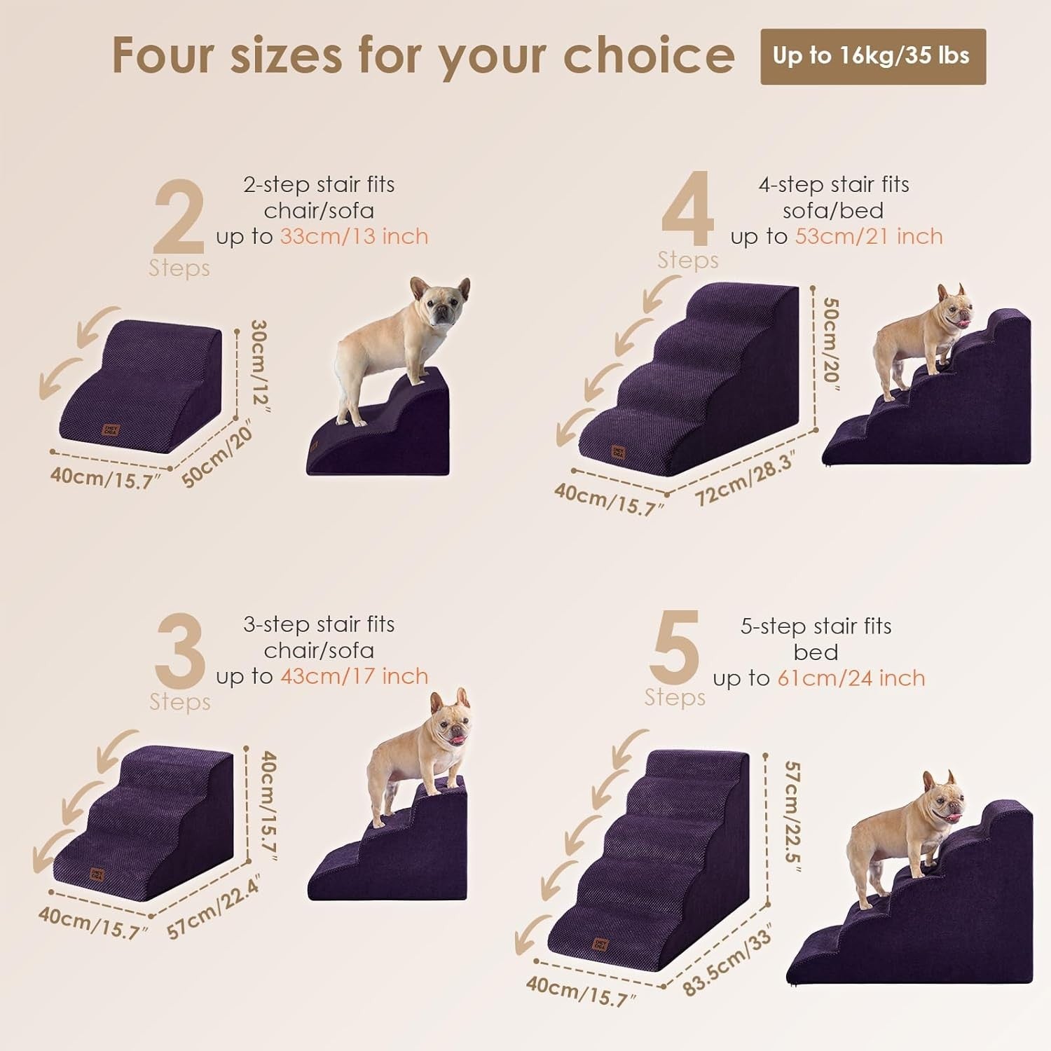 2 Step Dog Stairs for Sofa Non Slip Pet Steps Washable Purple