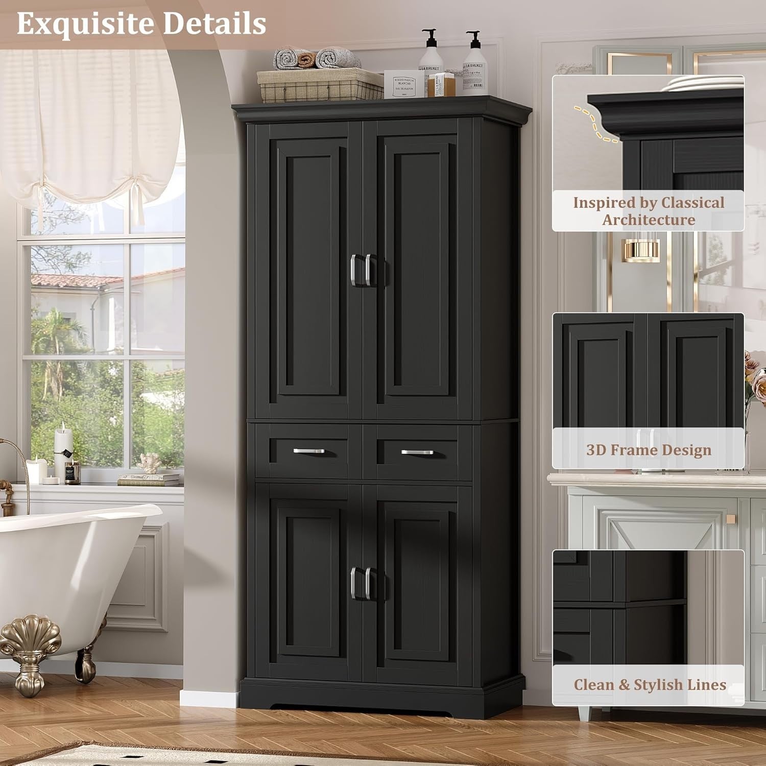 180.5cm Tall Kitchen Cupboard Black 4 Doors 2 Drawers Adjustable Shelves