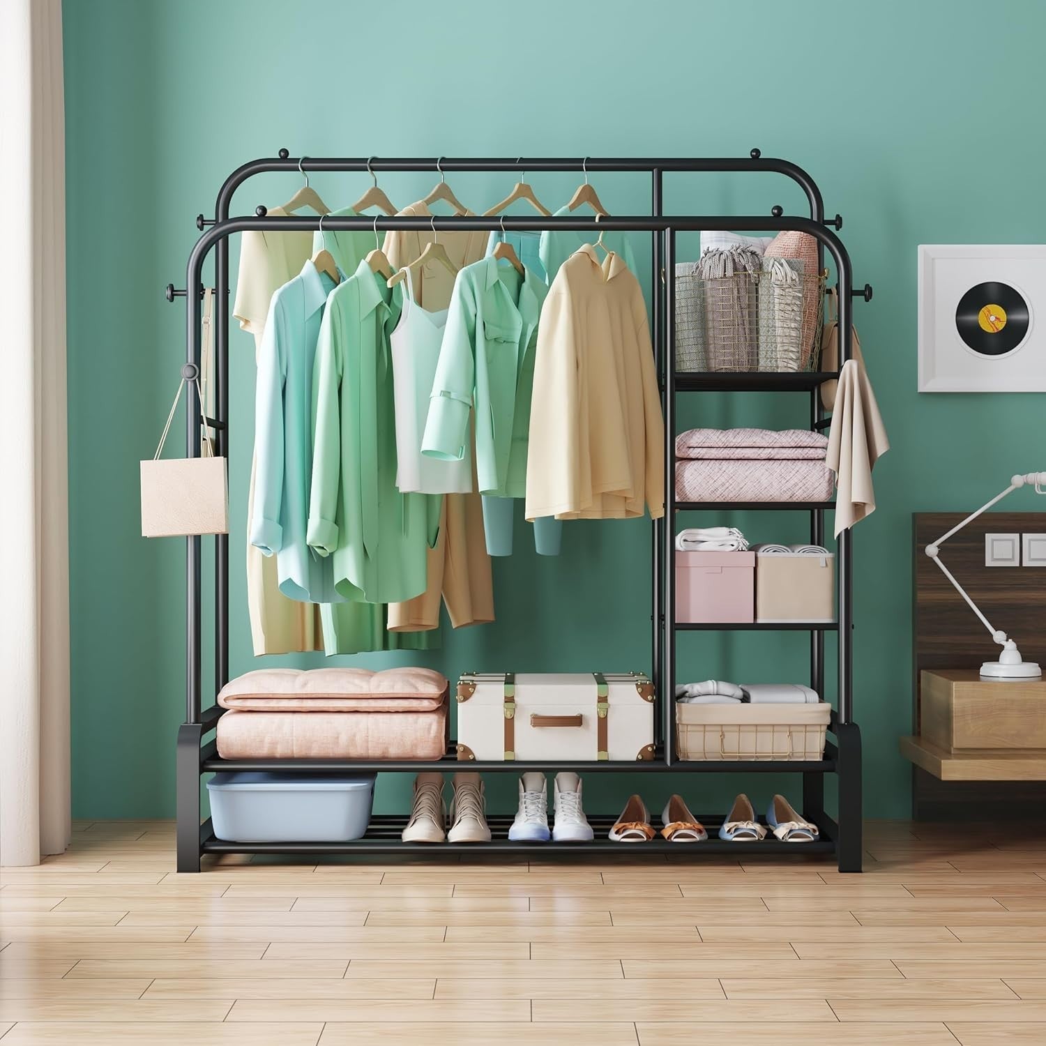 Heavy Duty Clothes Rail with Shelves & Hooks – Black 110×145cm
