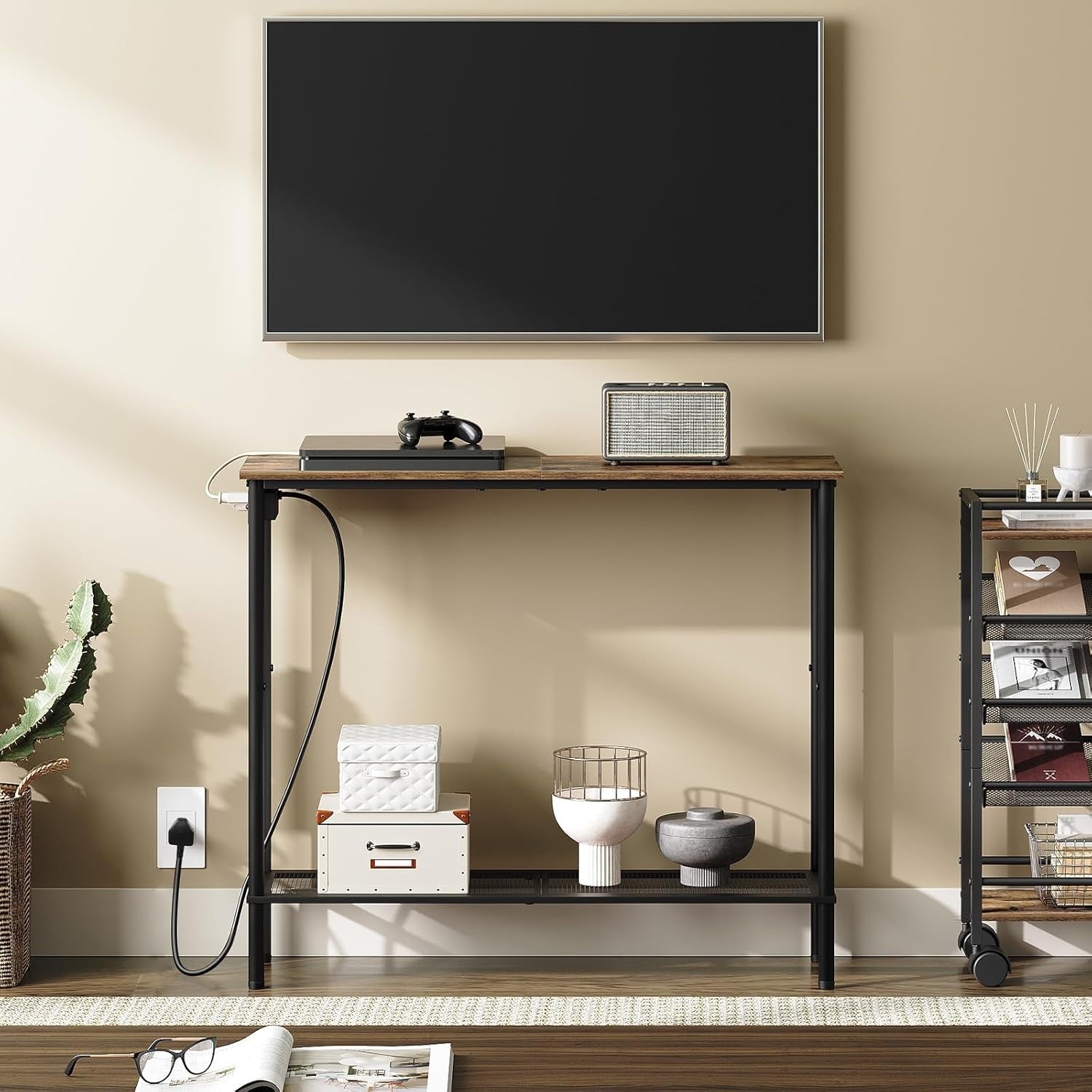 Slim Console Table with Power Outlet & Storage Shelf for Entryway & Living Room