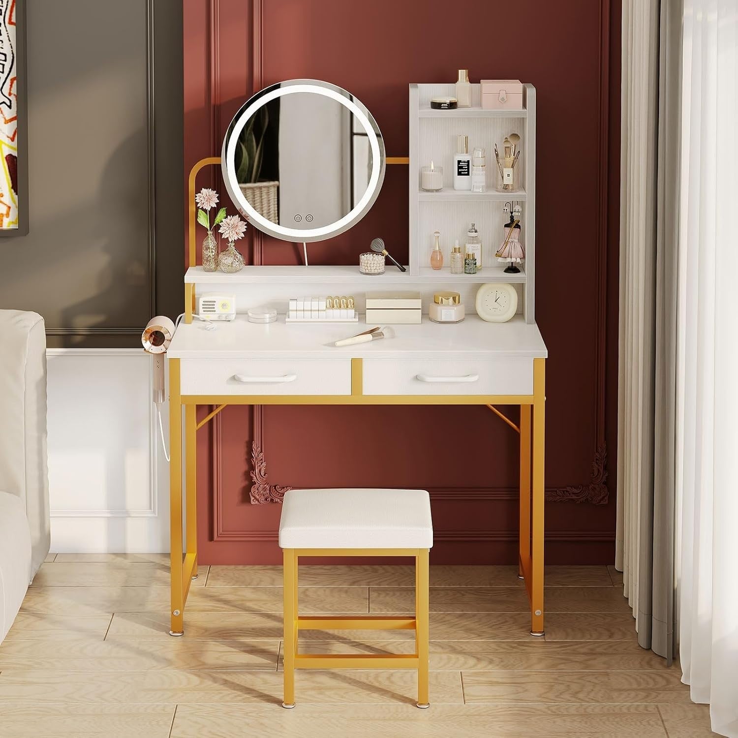 Makeup Vanity Desk Dressing Table with Adjustable LED Light Mirror & Storage Whi