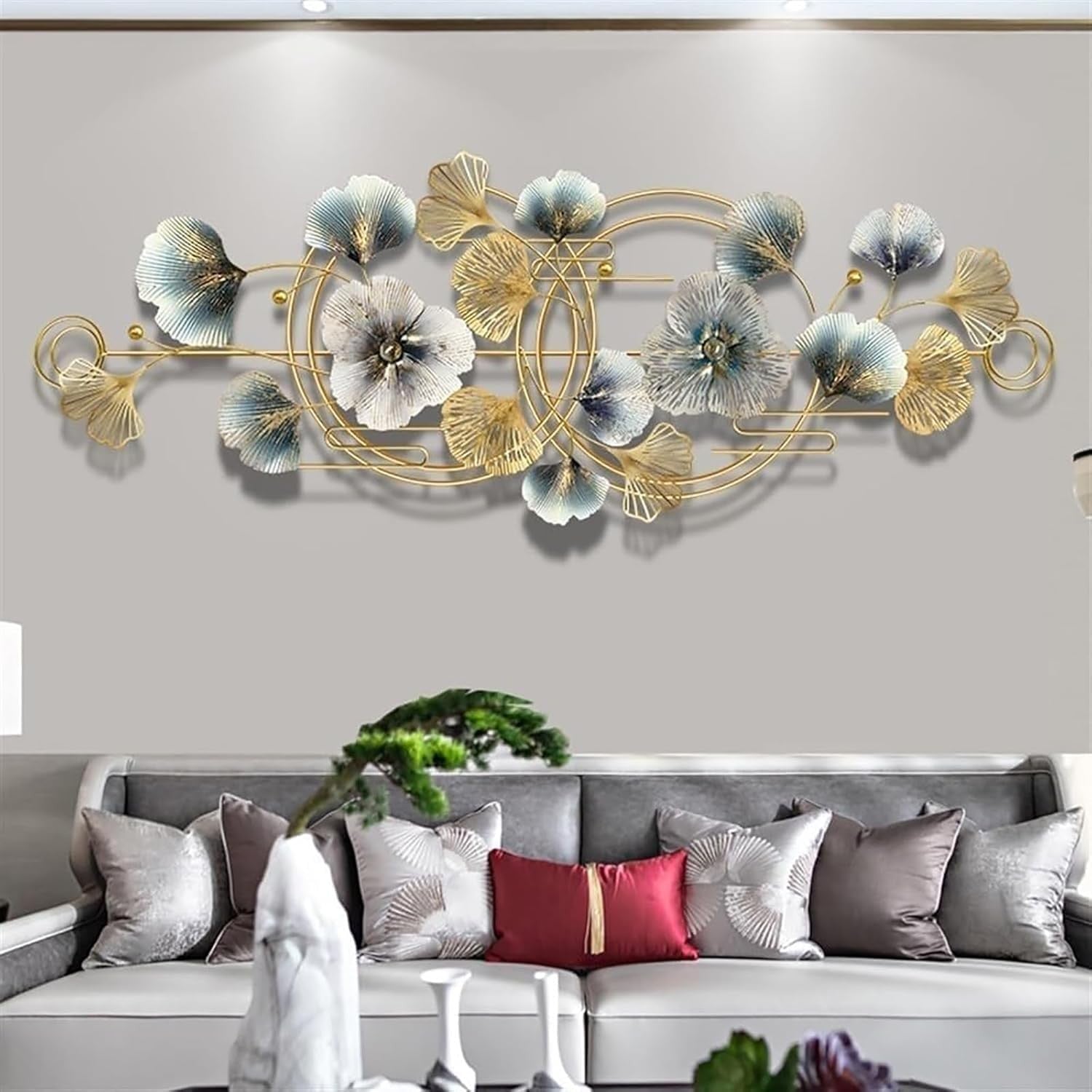 Ginkgo Biloba Metal Wall Art – 127×50cm, 3D Gold & Silver Decor
