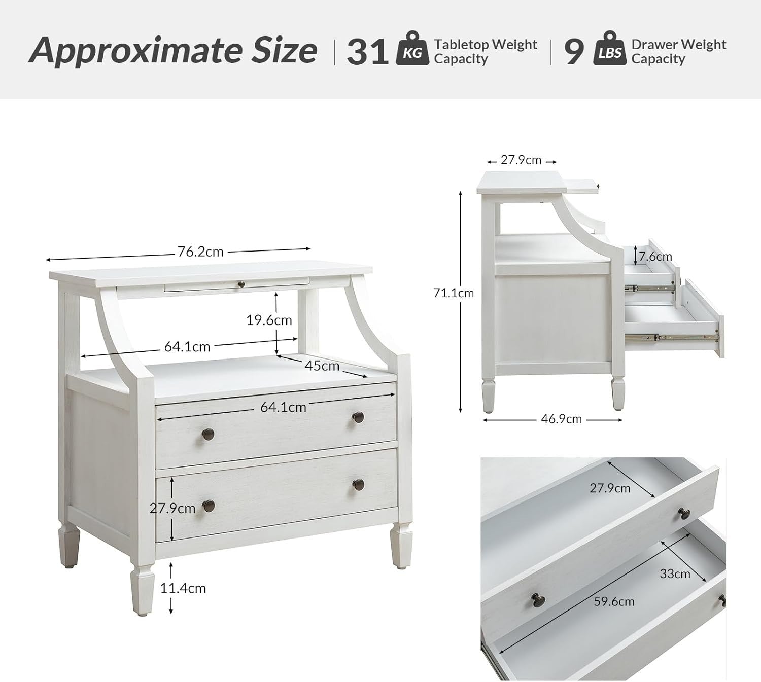 White Modern Bedside Table with 2 Drawers & Shelf, Solid Wood Legs