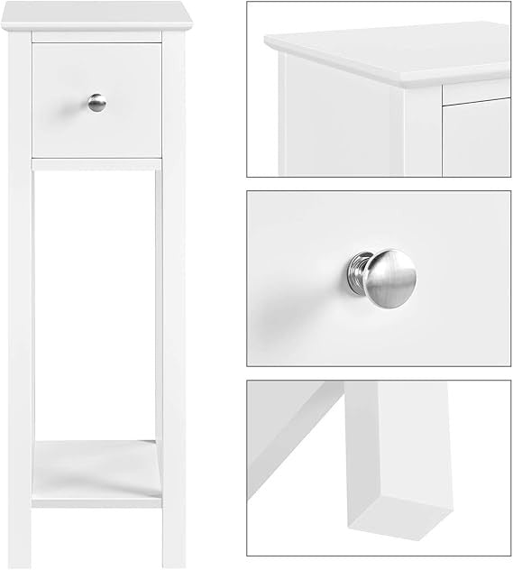 White Slim Bedside Tables Set of 2, Narrow Nightstands with Drawer & Shelf 25x25