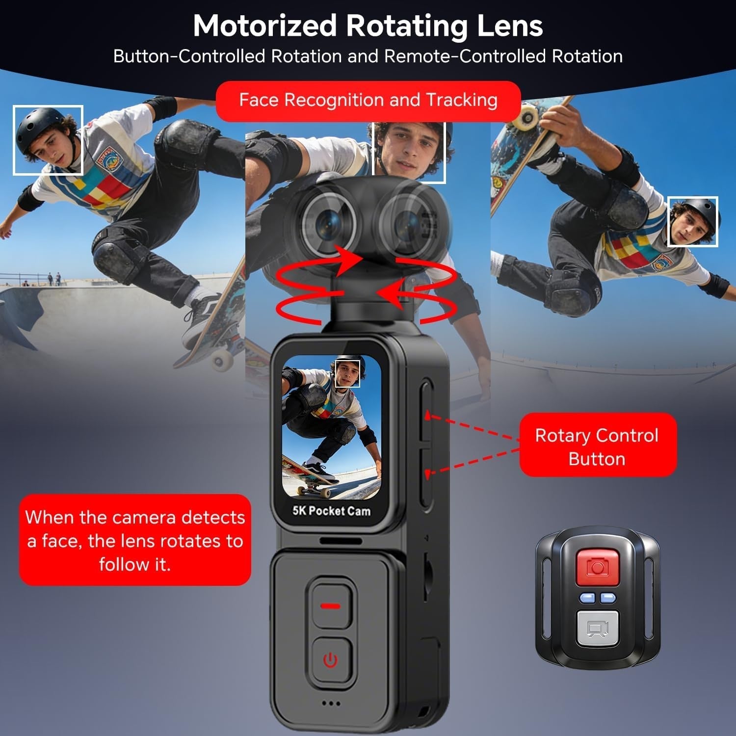5K Body Camera Face Tracking POV Action Cam w/64GB Rotating Lens