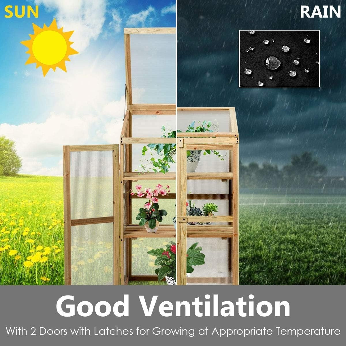 Mini Wooden Greenhouse 3-Tier Cold Frame with Doors & Skylight 60x45x100cm