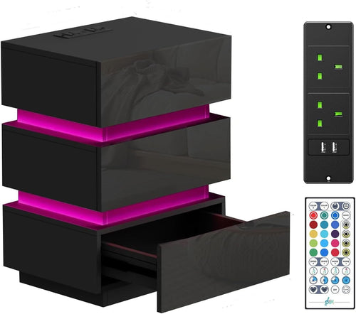 Luxury LED Bedside Table with USB Charging Station, 3 Drawers, Gloss Finish