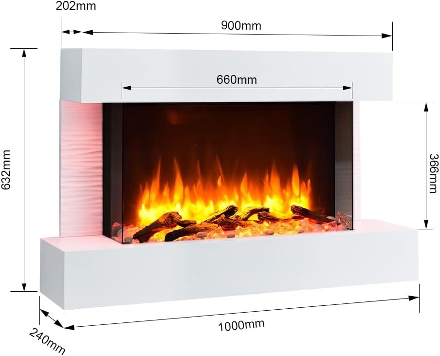 Wall Mounted Electric Fireplace 39" White 2000W Heater LED Flames
