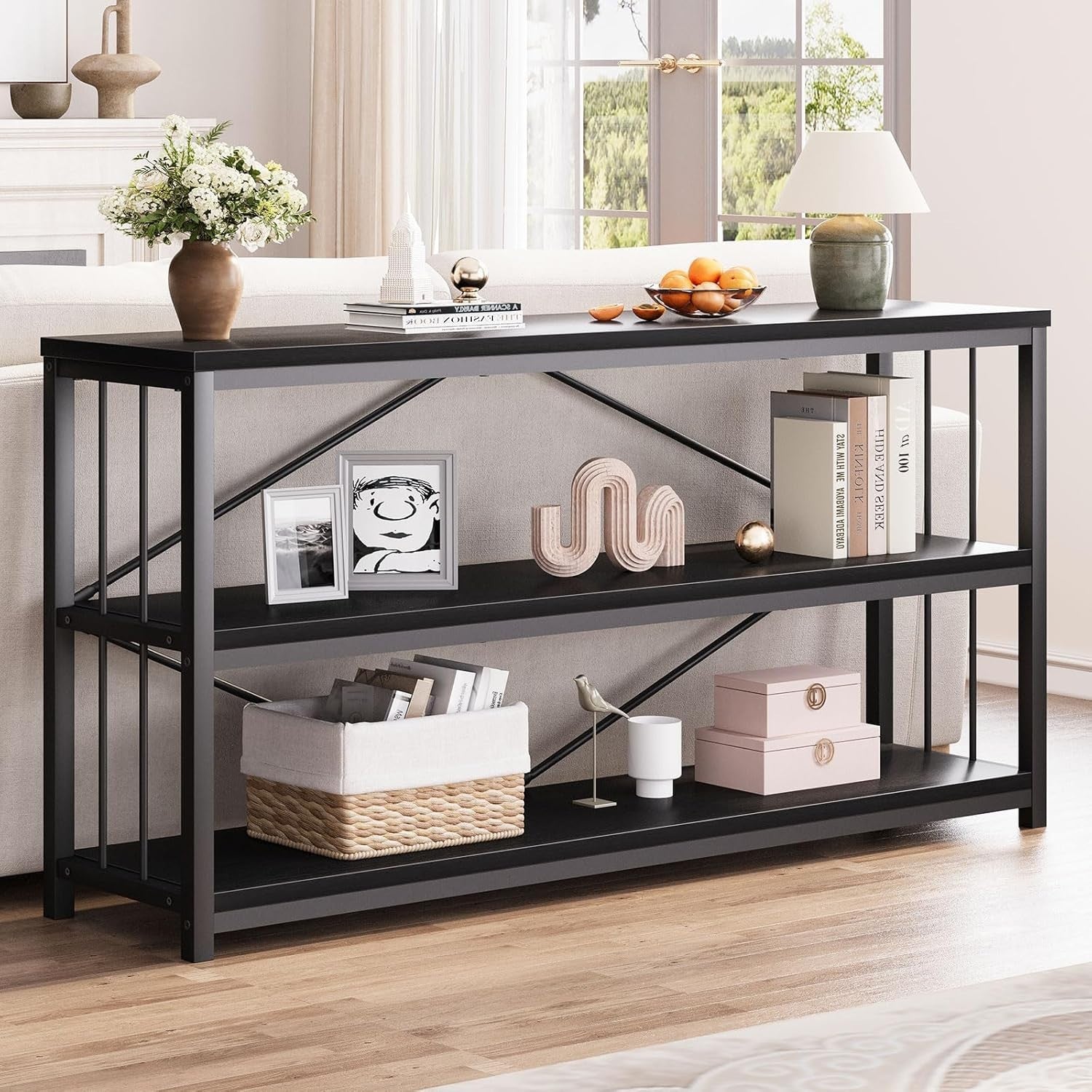 Modern Industrial Black Oak Console Table 160x34x74 cm Storage Shelf
