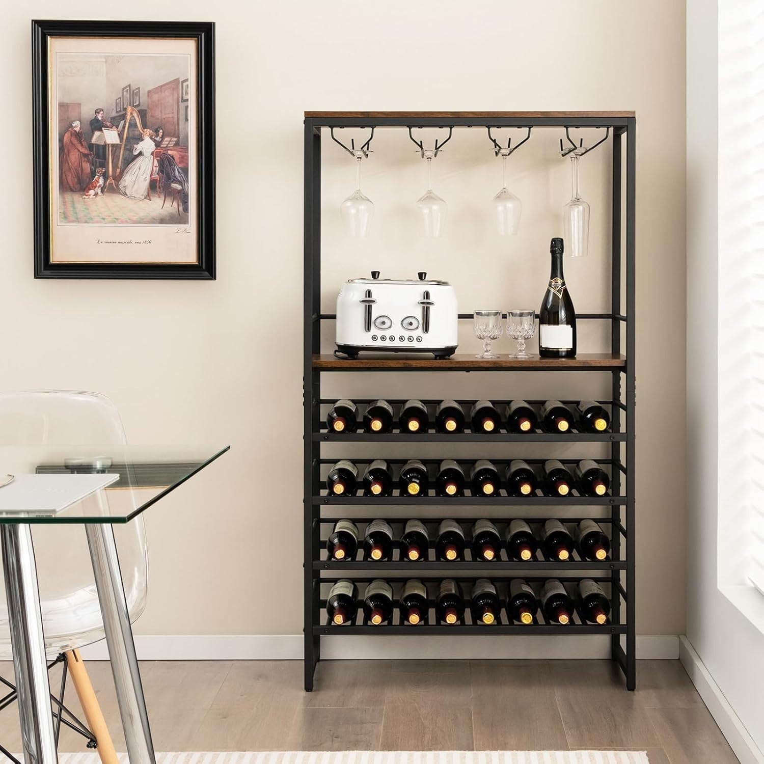 6 Tier Wine Rack 32 Bottle Bar Cabinet with Glass Holder & Display Shelves