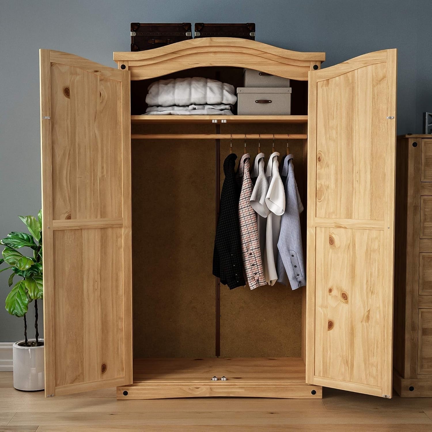 Solid Pine 2 Door Wardrobe Rustic Distressed Wax Storage Bedroom Cabinet