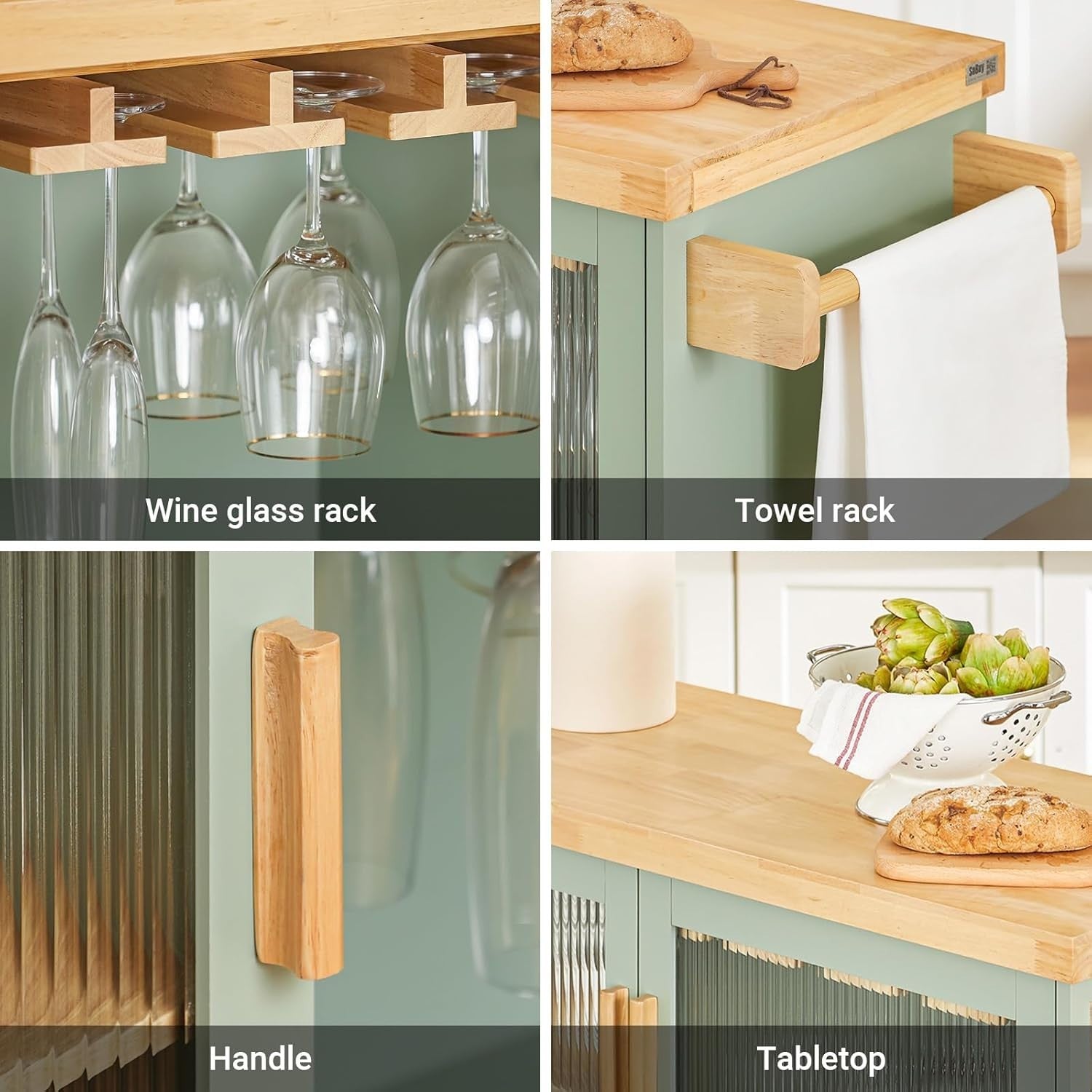 Mobile Kitchen Island Trolley with Glass Doors & Wine Rack Green 109x40cm