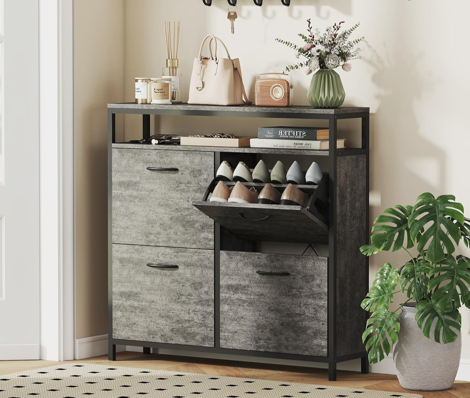 Slim Industrial Shoe Cabinet 4 Flip Drawers Hallway Storage 98x24x95cm