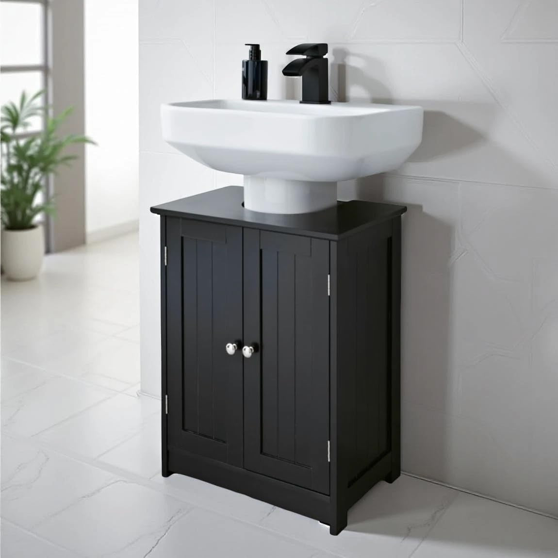 Black Under Sink Bathroom Cabinet – 2 Door Storage Unit with Shelves 60x48x66cm