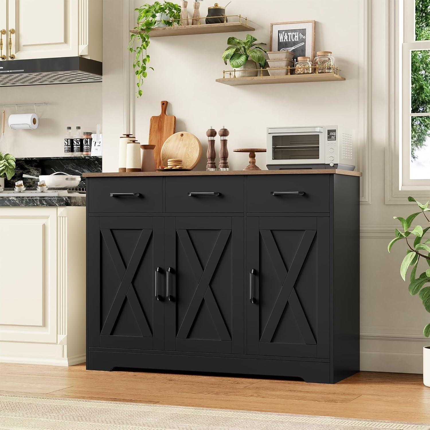 Modern Sideboard Cabinet Black Brown – 3 Drawers 3 Doors, 108cm Storage Unit