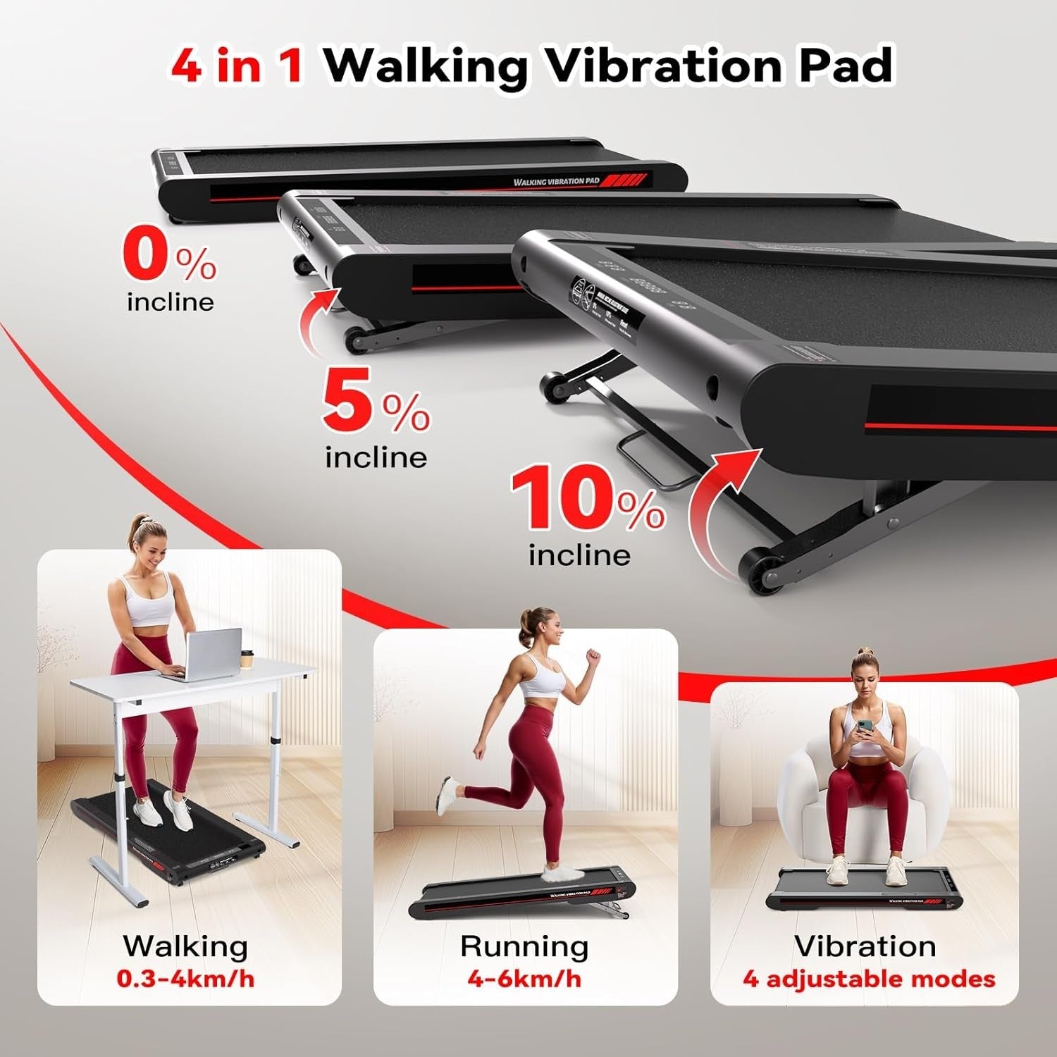 4-in-1 Walking Vibration Pad Treadmill with Incline & App Control