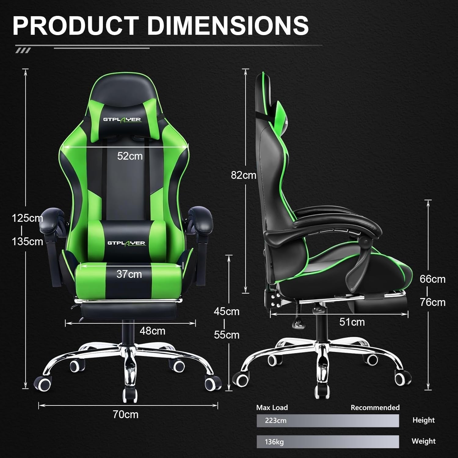 Gaming Chair Faux Leather Reclining Massage Lumbar Support Footrest Green