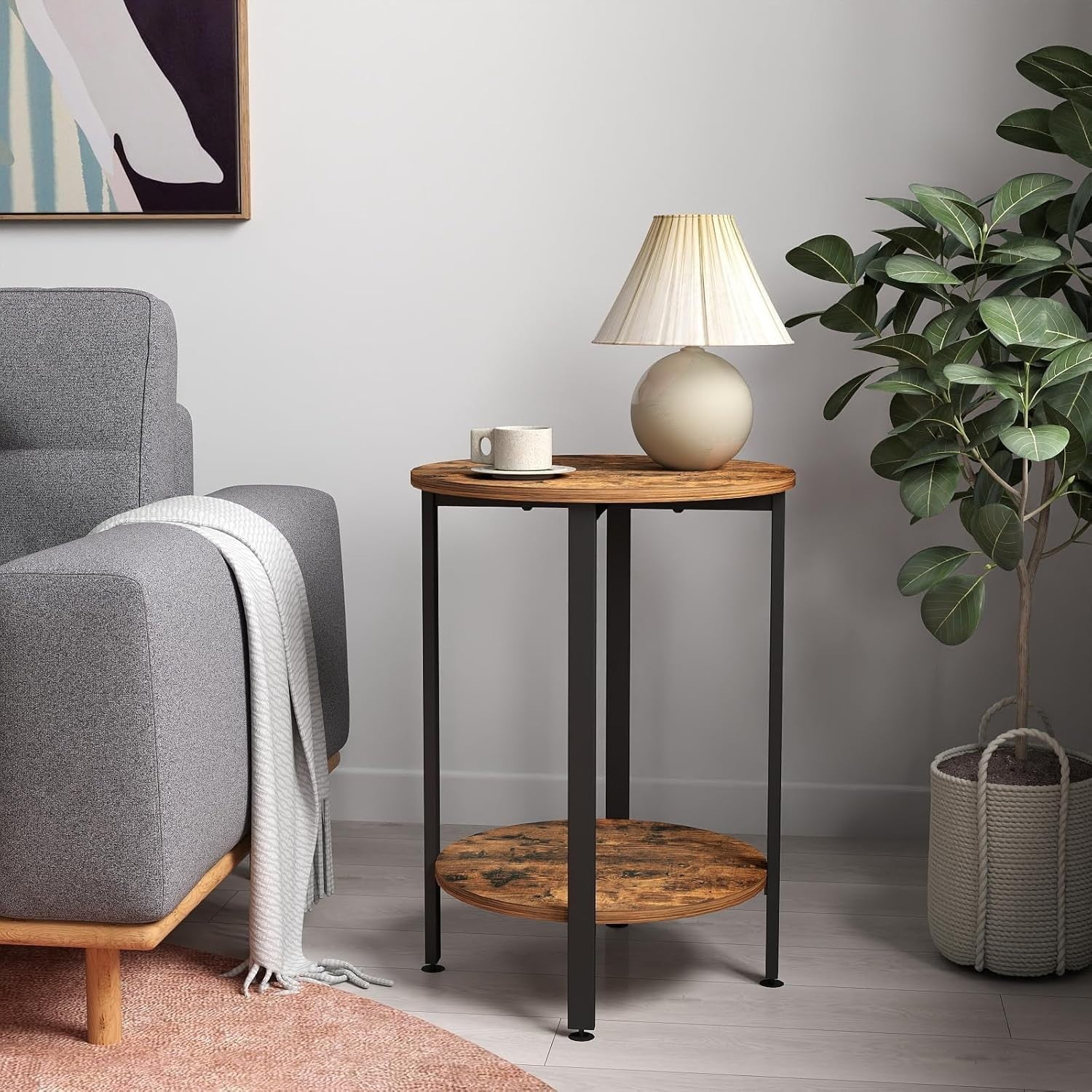 2-Tier Round Side Table with Storage, Rustic Brown Metal Frame End Table