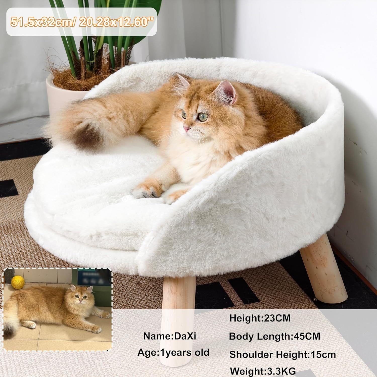 Elevated Cat Sofa Chair Bed 50cm Plush Pet Stool w Wooden Legs