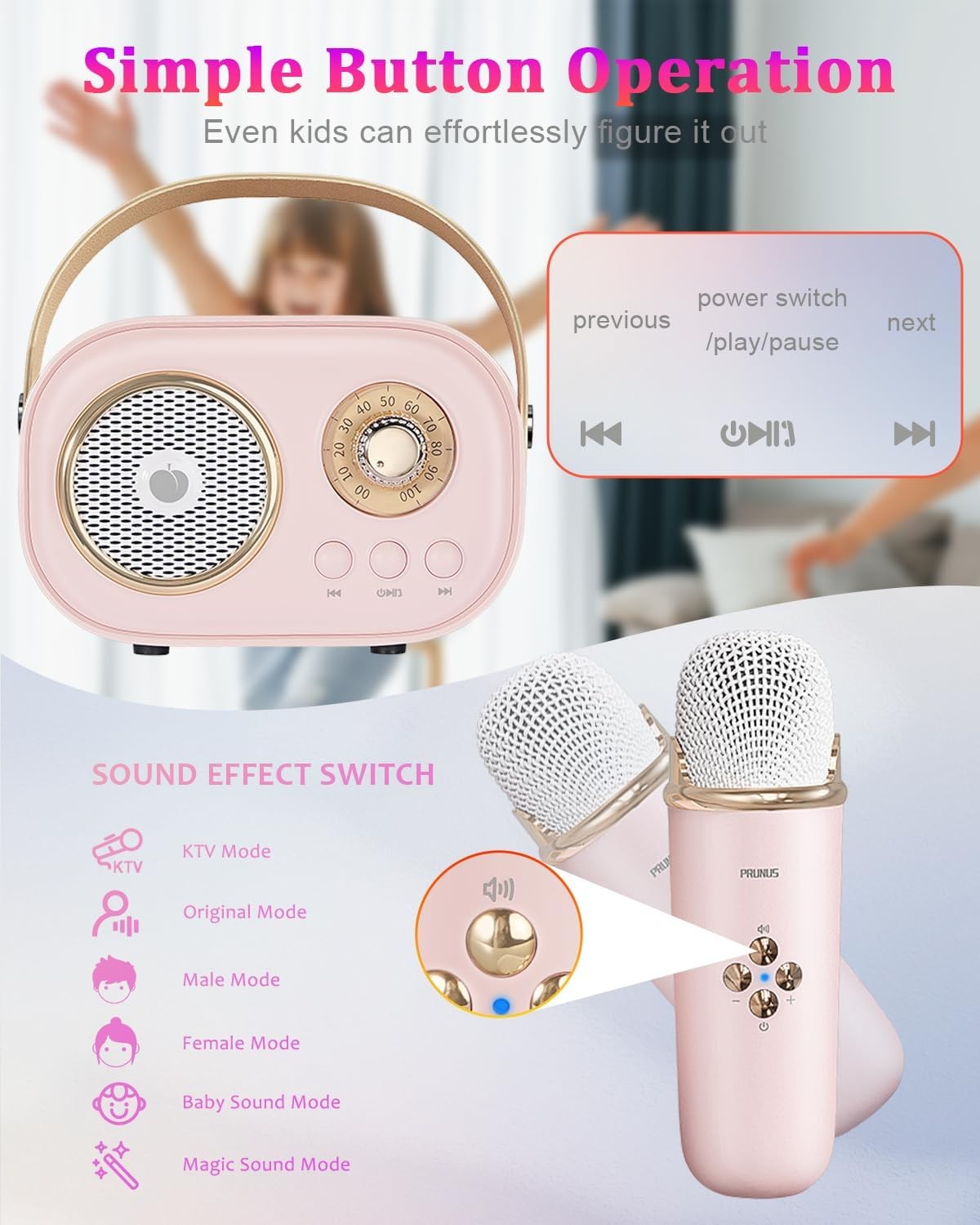 Pink Mini Karaoke Machine with 2 Wireless Mics Bluetooth