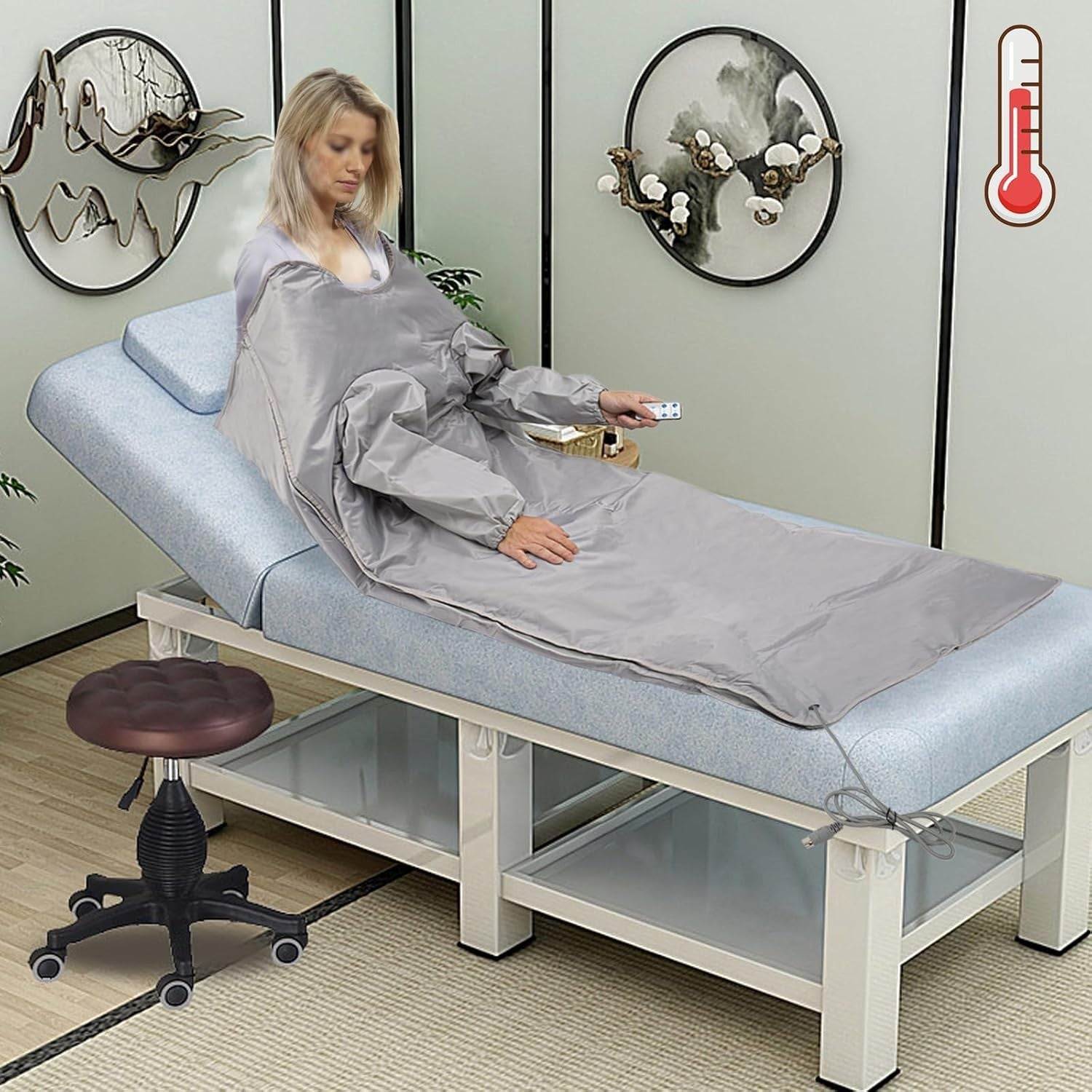 Far Infrared Sauna Blanket Dual Zone 650W Silver w/ Remote – Foldable Home Spa