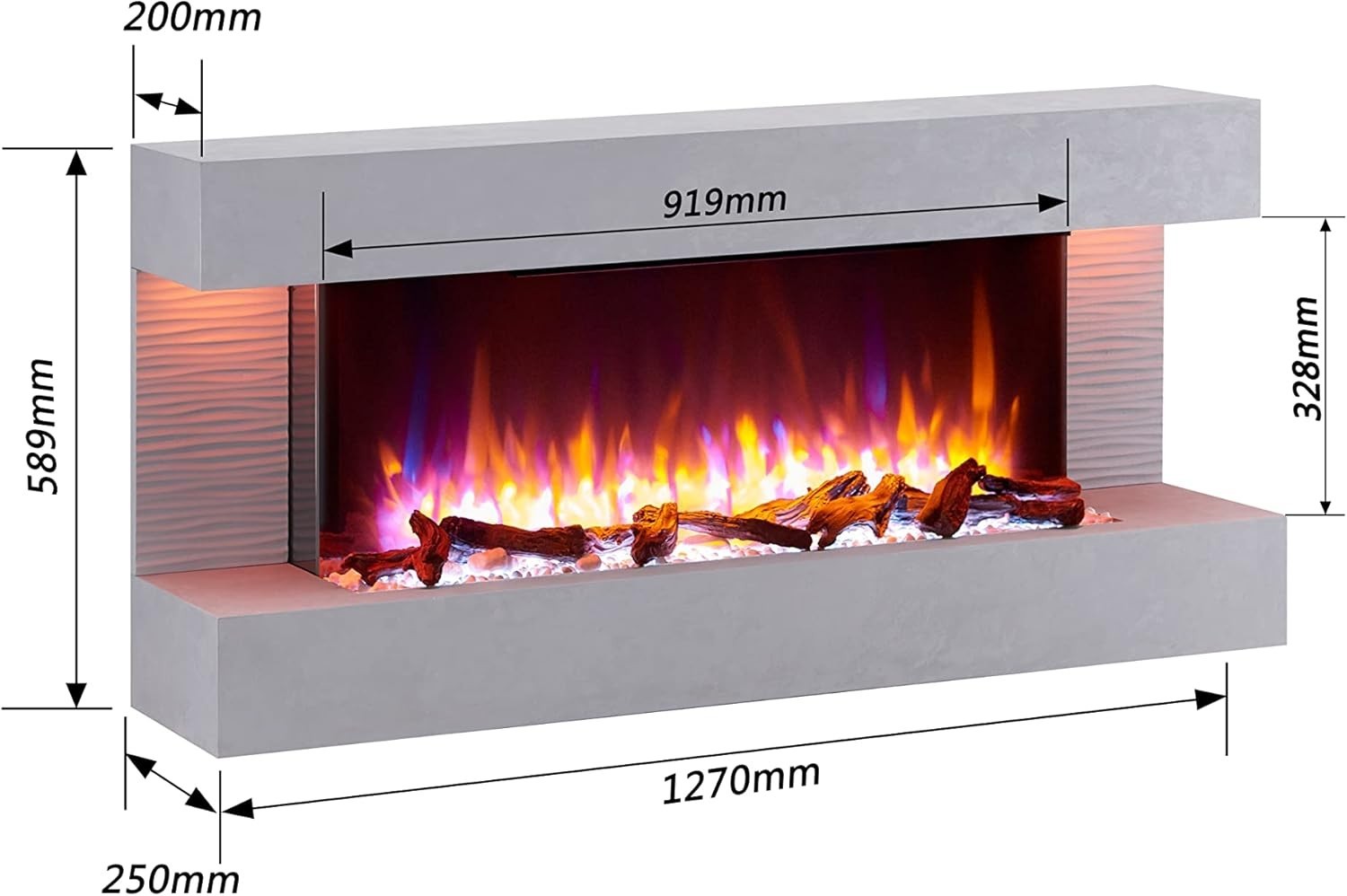 Modern Wall Mounted Electric Fireplace 3 Flame Colors 13 Mood Lights 60"