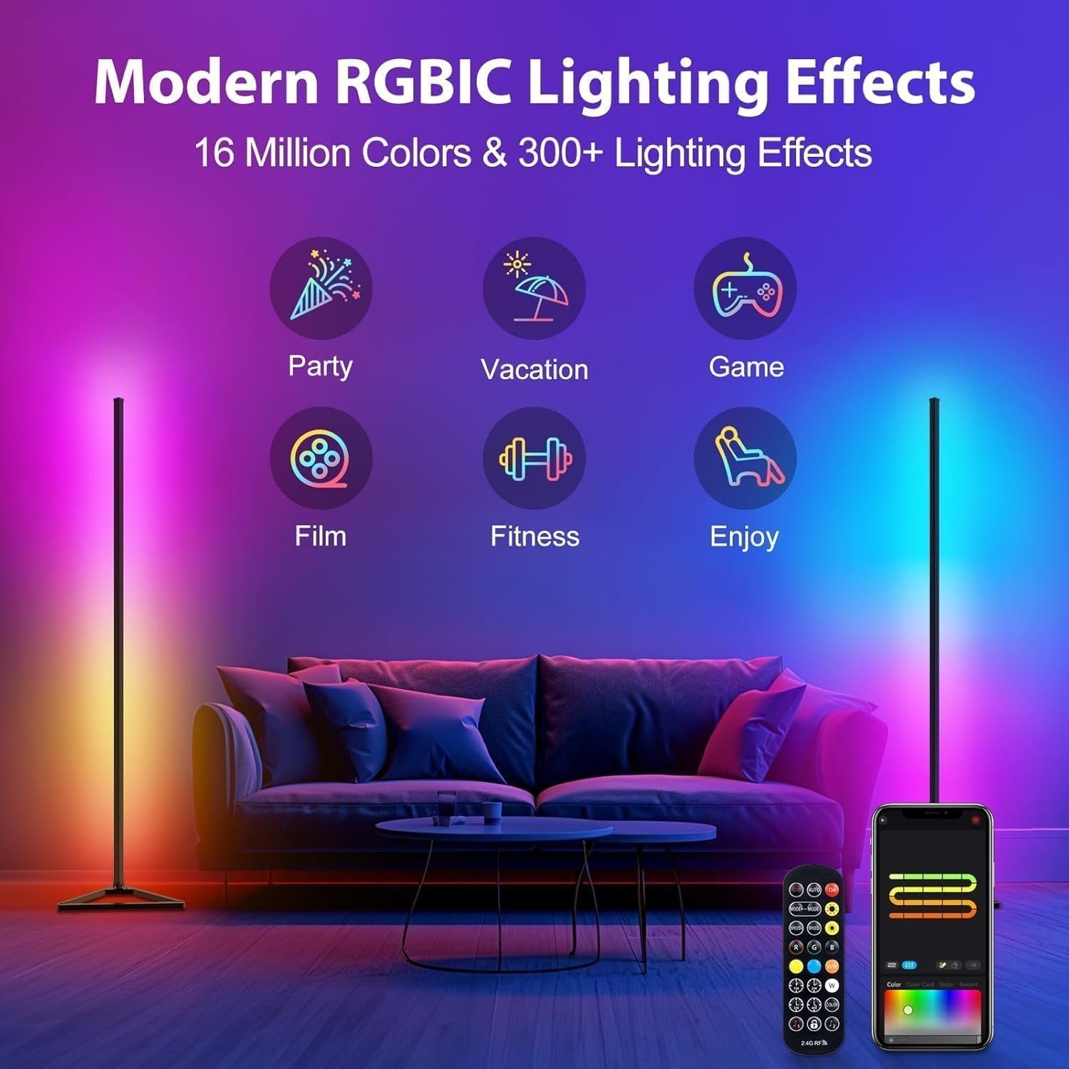 Smart RGBIC LED Floor Lamp Music Sync App Remote 16M Colours Corner Light