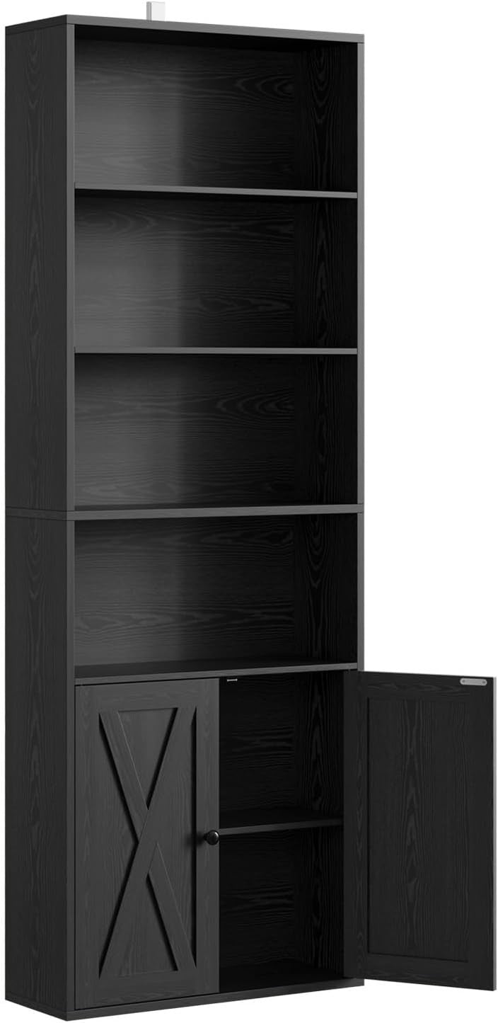 6 Tier Tall Black Bookcase with Doors Storage Display Shelf 60x23.5x180cm