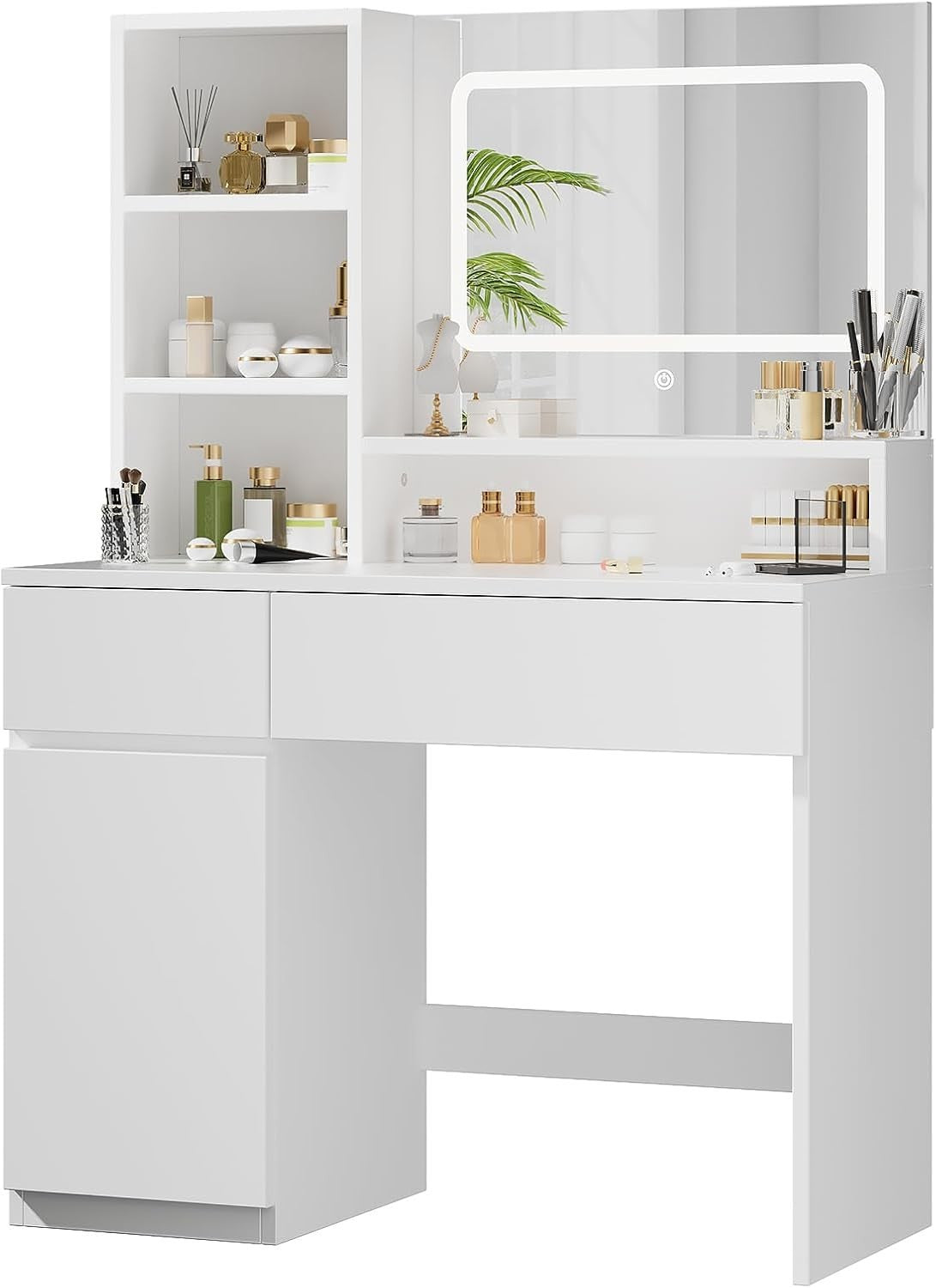 Modern LED Dressing Table Vanity Makeup Desk White 2 Drawers Storage Mirror