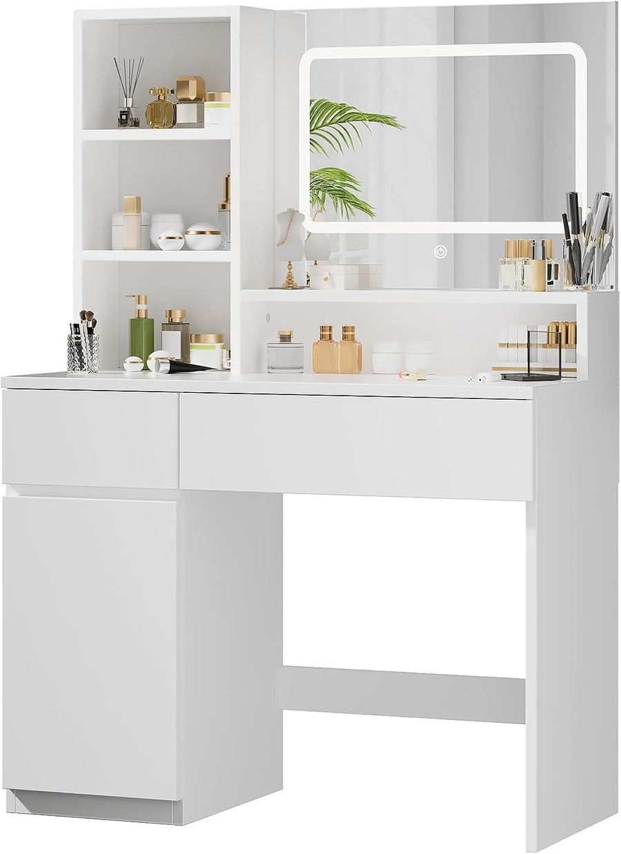 Modern LED Dressing Table Vanity Makeup Desk White 2 Drawers Storage Mirror