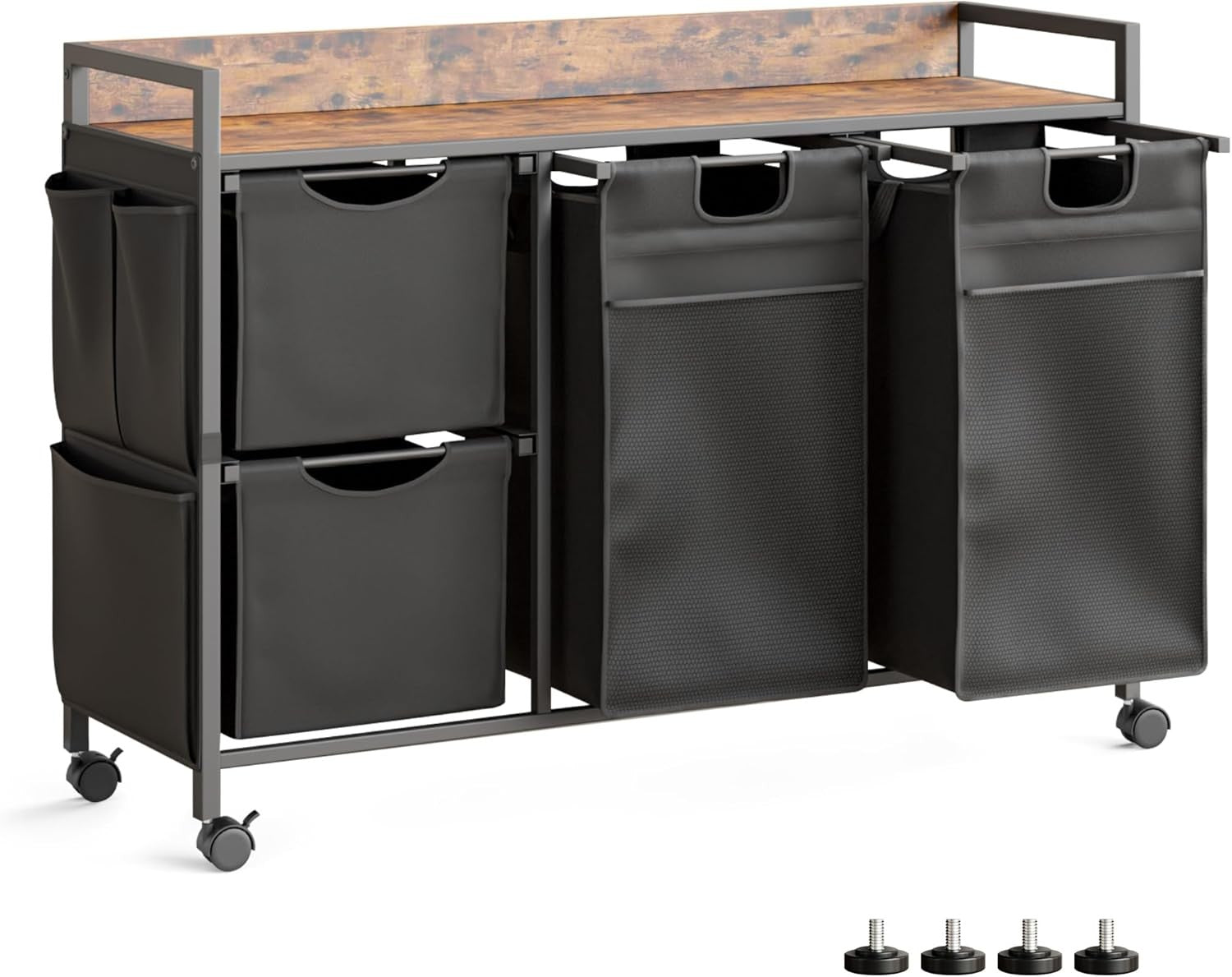 150L 4-Bag Laundry Hamper on Wheels with Rustic Top & Removable Liners