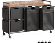 150L 4-Bag Laundry Hamper on Wheels with Rustic Top & Removable Liners