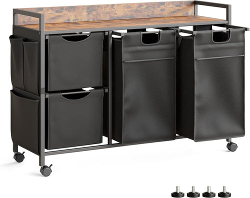 150L 4-Bag Laundry Hamper on Wheels with Rustic Top & Removable Liners