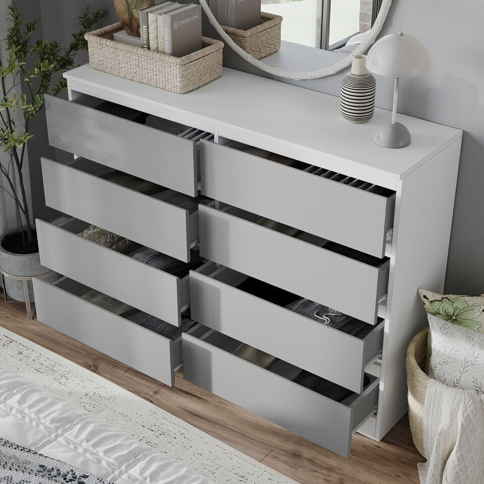 Modern White & Grey 8-Drawer Chest Bedroom Storage Cabinet Office Organizer