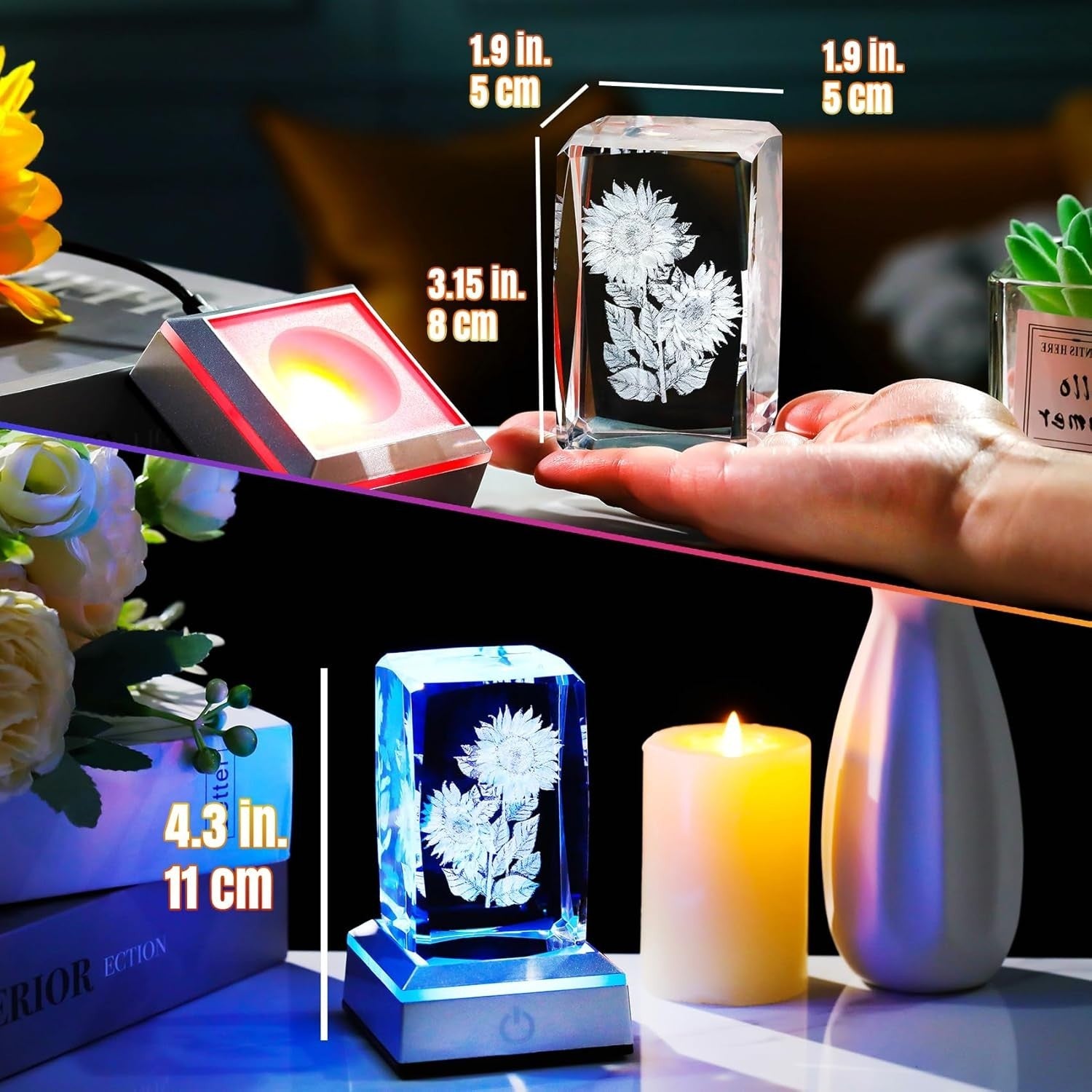 3D Crystal Sunflower Ornament with LED Light Base – Birthday Gift for Women