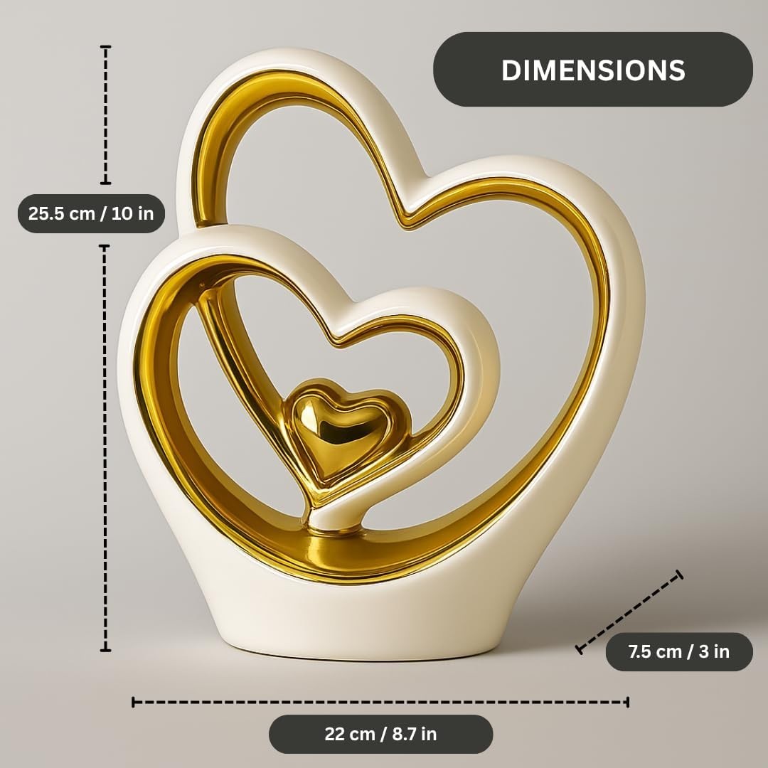 Gold Heart Ornament Modern Ceramic Sculpture Wedding Gift Home Decor 25.5cm