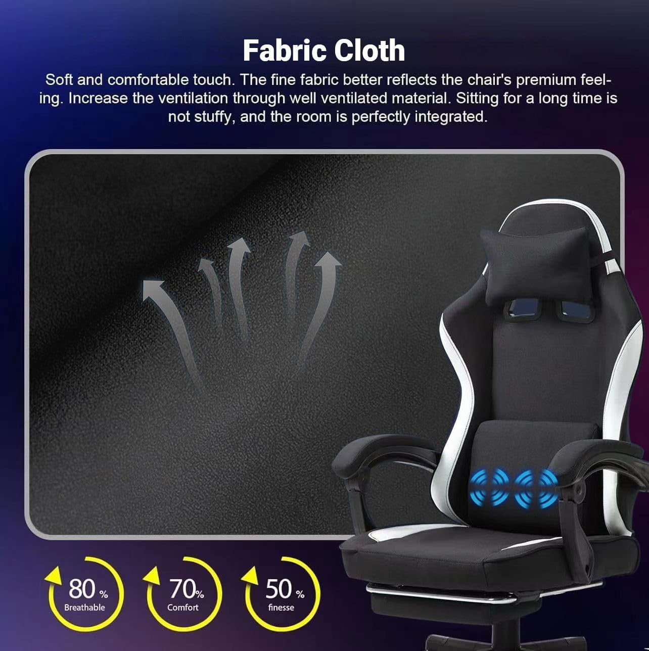 Fabric Massage Gaming Chair with Footrest & Adjustable Lumbar Support