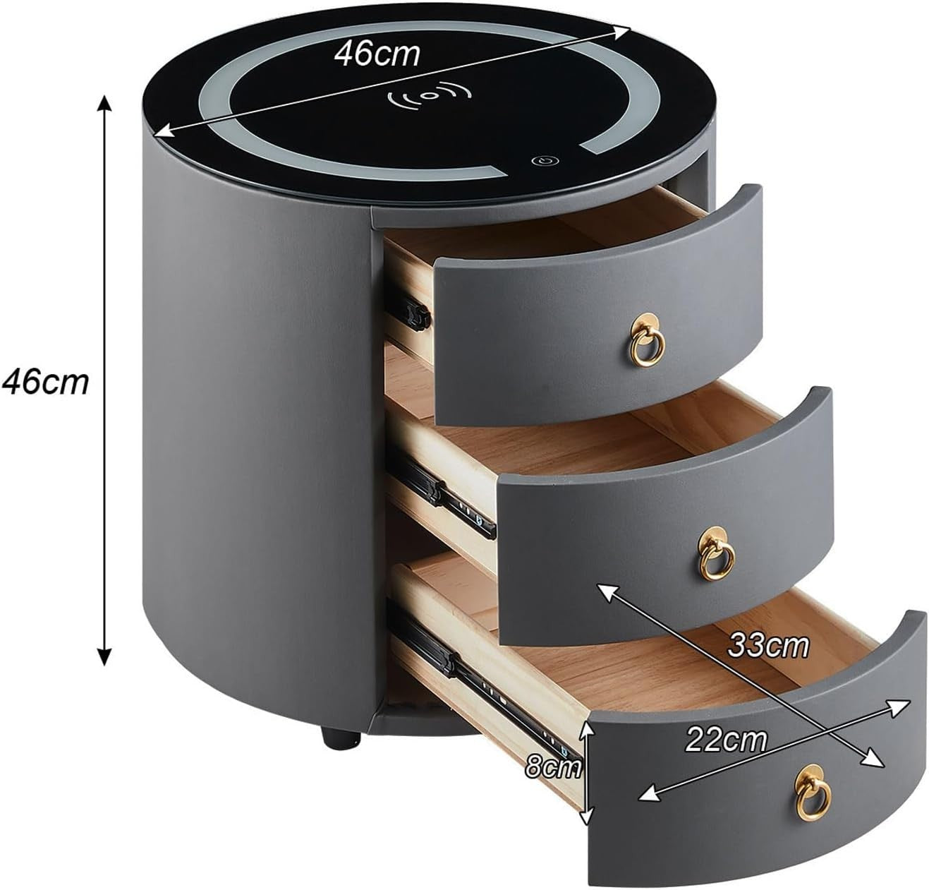 Luxury Round Bedside Table with Wireless Charging, LED Light & 3 Drawers
