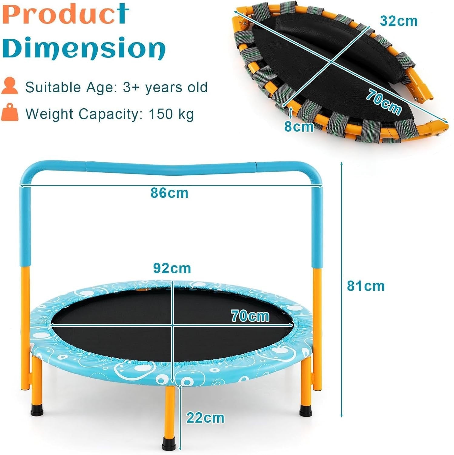 36'' Kids Mini Trampoline with Foam Handle Foldable Indoor Outdoor
