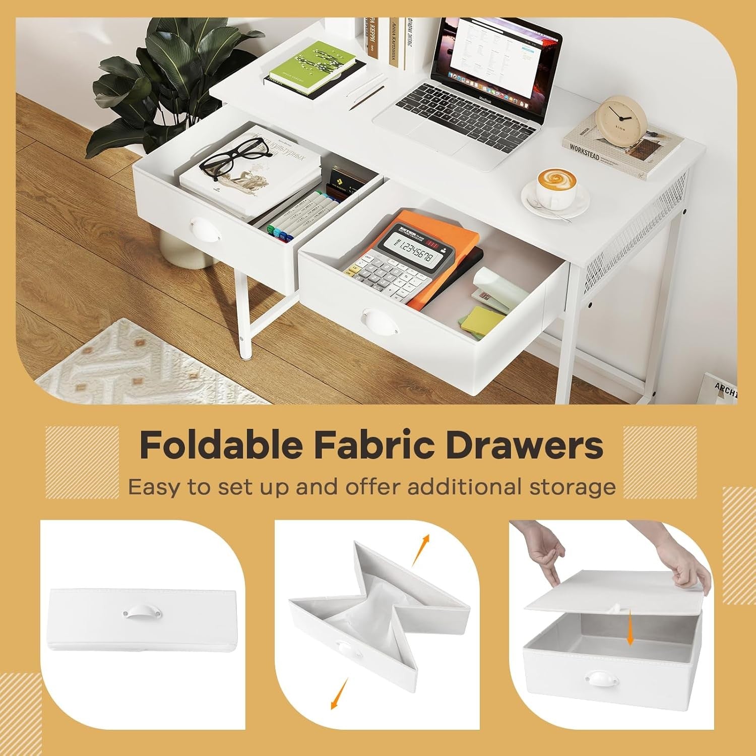 Computer Desk with Drawers White Home Office Study Table Hooks Storage