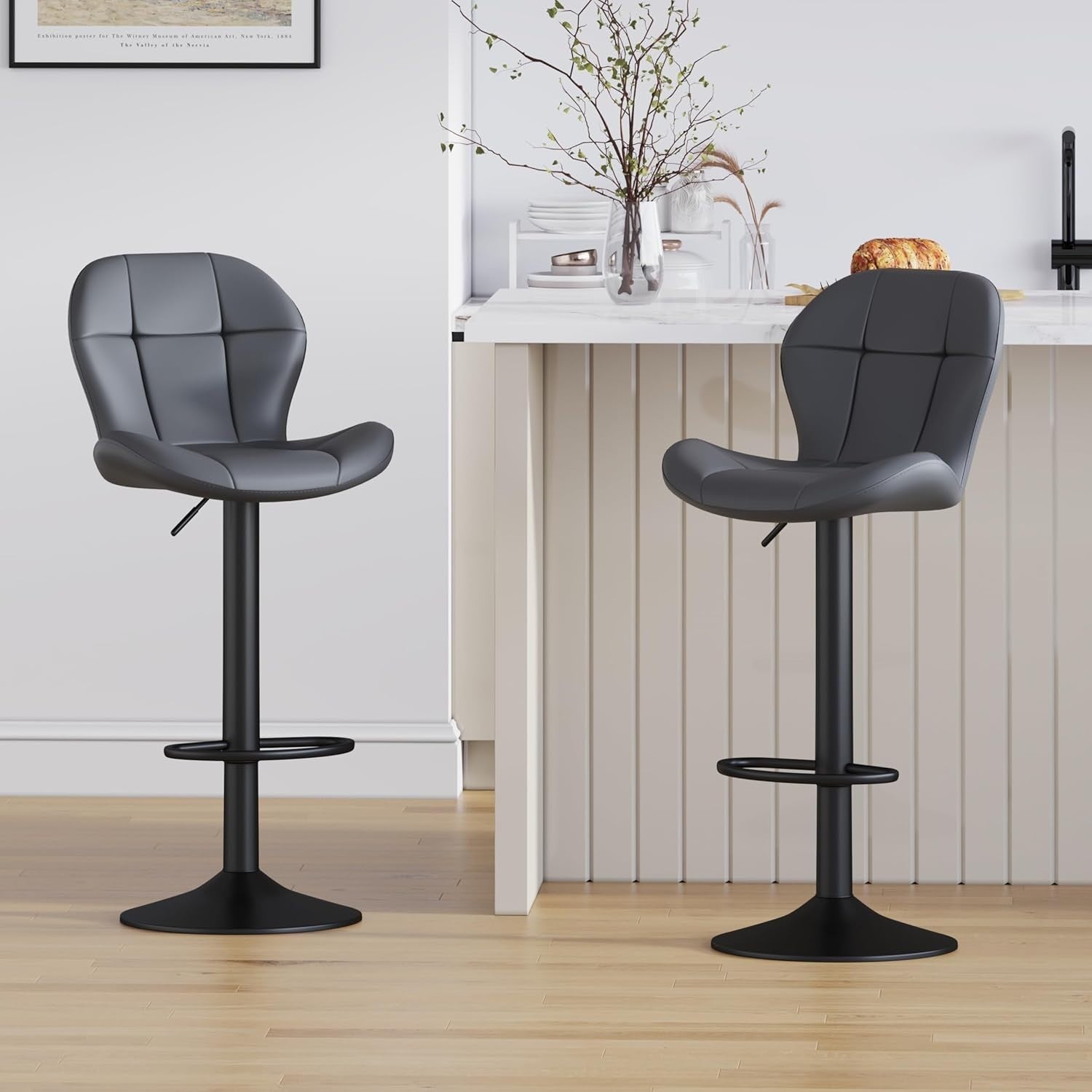 Grey Adjustable PU Leather Bar Stools Set of 2 – Swivel & Height Adjustable